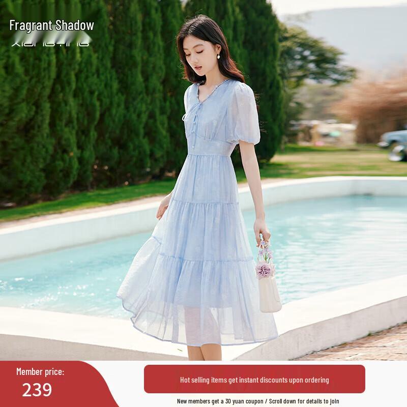 Xiangying Sky Blue V-neck Puff Sleeve A-line Dress XL