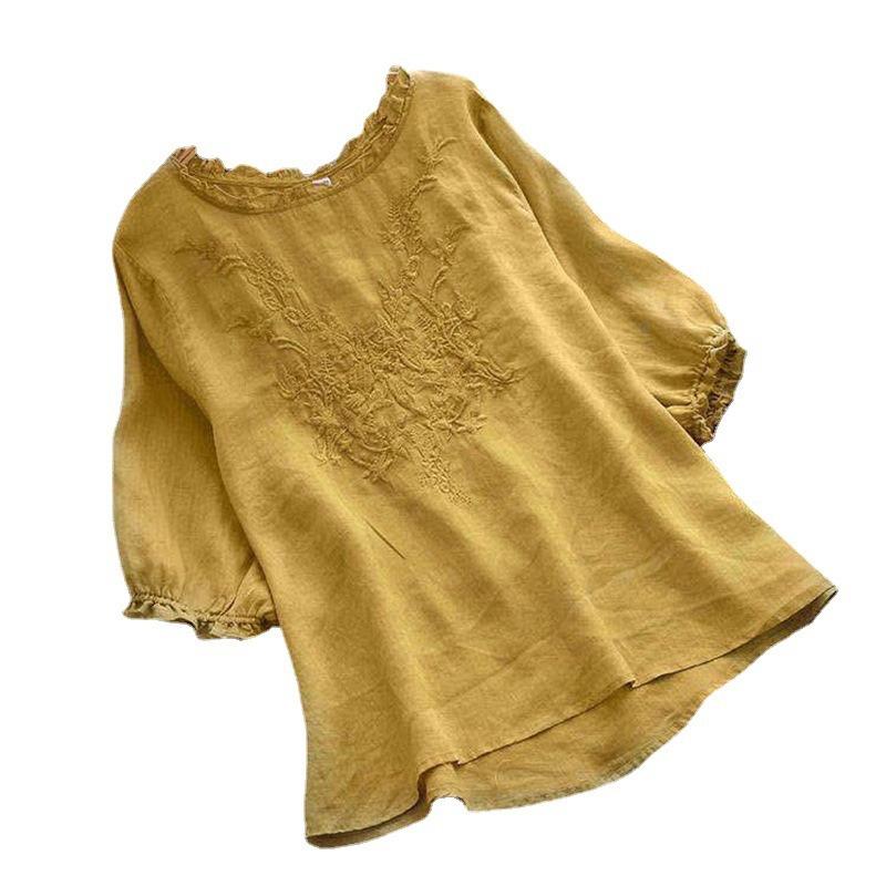 Dámské letní prodyšné tenké tričko s výšivkou velké velikosti v etnickém stylu