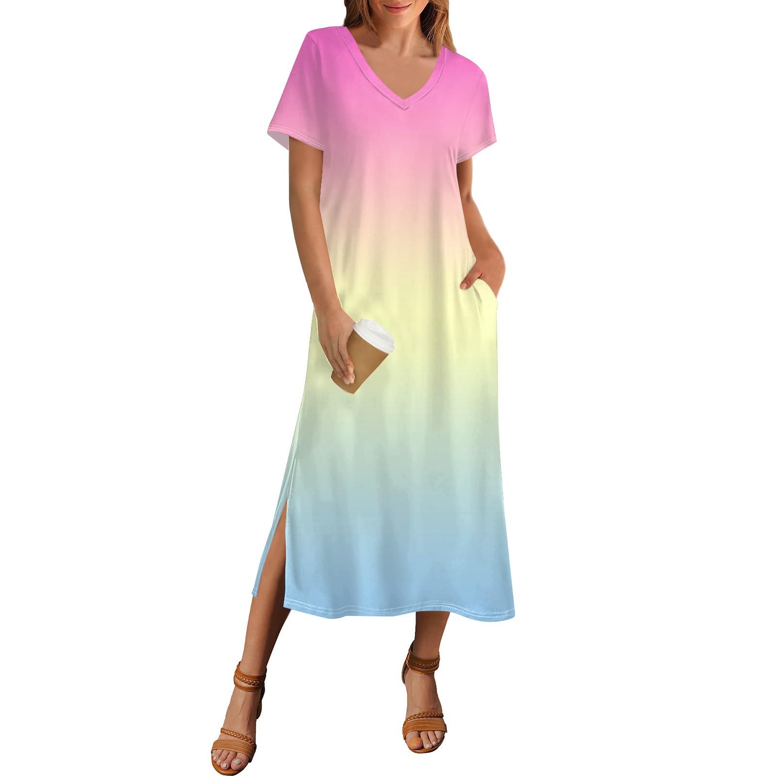 

Women s Summer Gradient Print Dress Short Sleeve Beach Dress With Pocket Casual V-neck Hem Side Slit Dress XL жёлтый