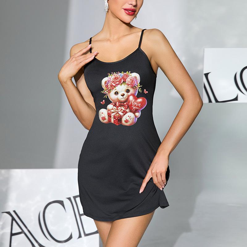 Multi-Pattern Short Cami Nightgown Unique Print Black/White Women's Loungewear 929 Trendy Versatile Sleepwear with Bold Print Choices