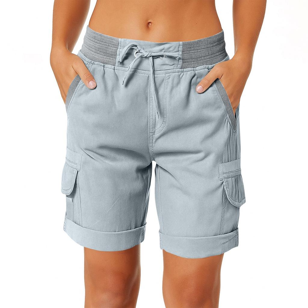 Women's Fashionable Color Pocket Drawstring Casual Work Pants With Elastic Waist And Rolled Edge Five Quarter Shorts