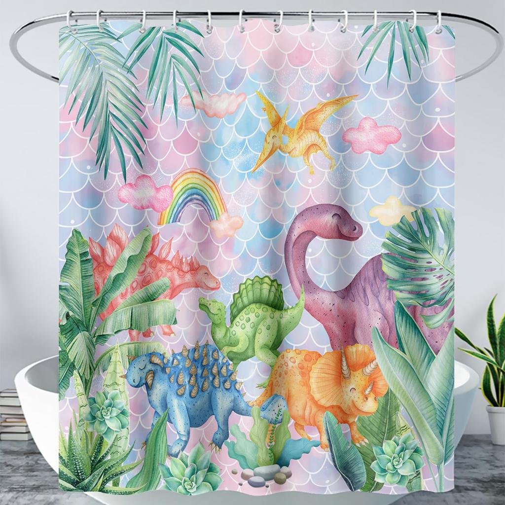 Boys' Dinosaur Monster Truck Shower Curtain Speed Racing Cars with Dinosaurs Print Waterproof Fabric Bath Curtain with Hooks