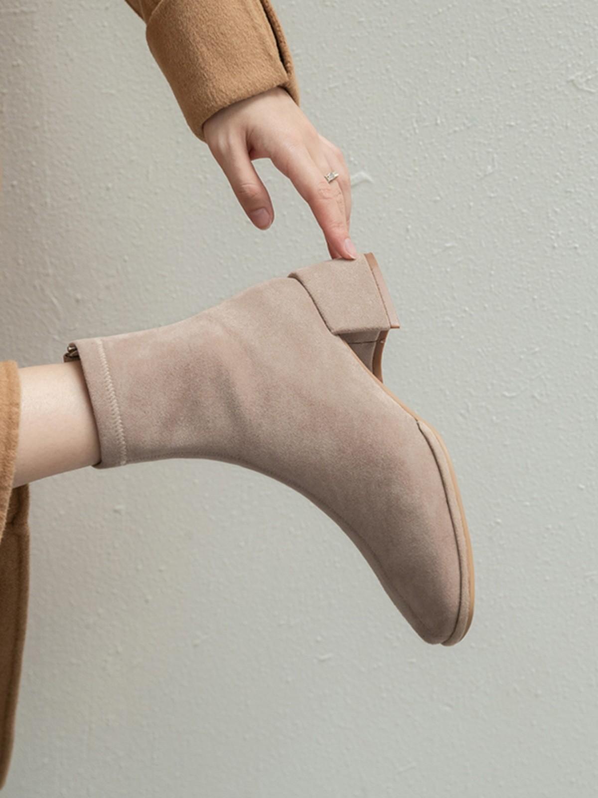 

Square head plus suede short boots women s boots spring and autumn elastic thin boots thick heel medium heel single boots gray apricot Martin boots 39 абрикосовий