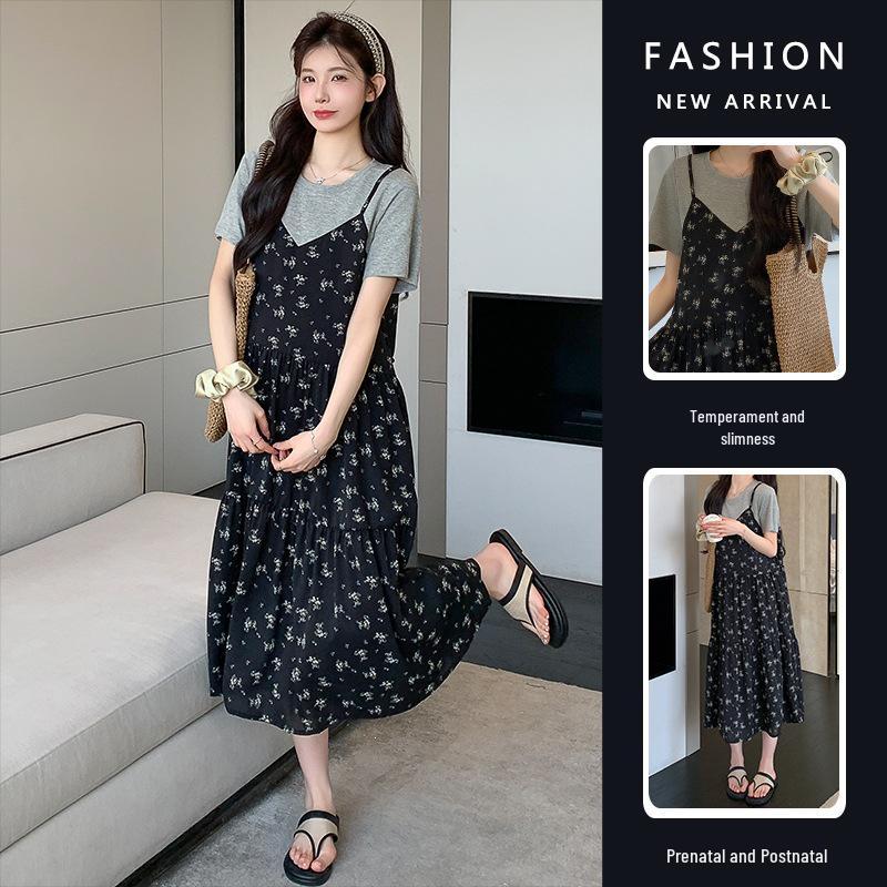 2026 Summer Maternity Korean Style Cotton T-shirt Chiffon Patchwork Dress