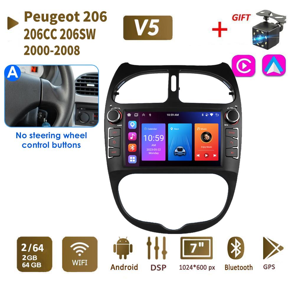 2 DIN autorádio s Androidem pro PEUGEOT 206 206CC 206SW 2000-2008 Auto Multimedia Player WIFI GPS Autoradio Carplay Navi 2+64GB
