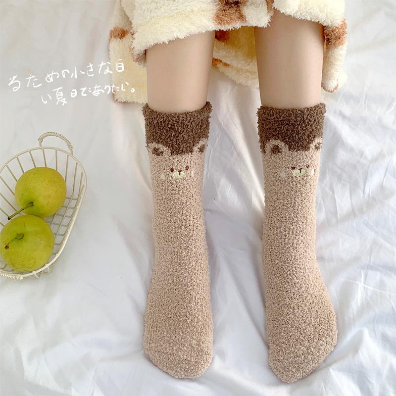 Winter Coral Fleece Socks Female Cartoon Cute Plush Thickened Sleeping Socks Female Medium Tube Floor Confinement Socks Female