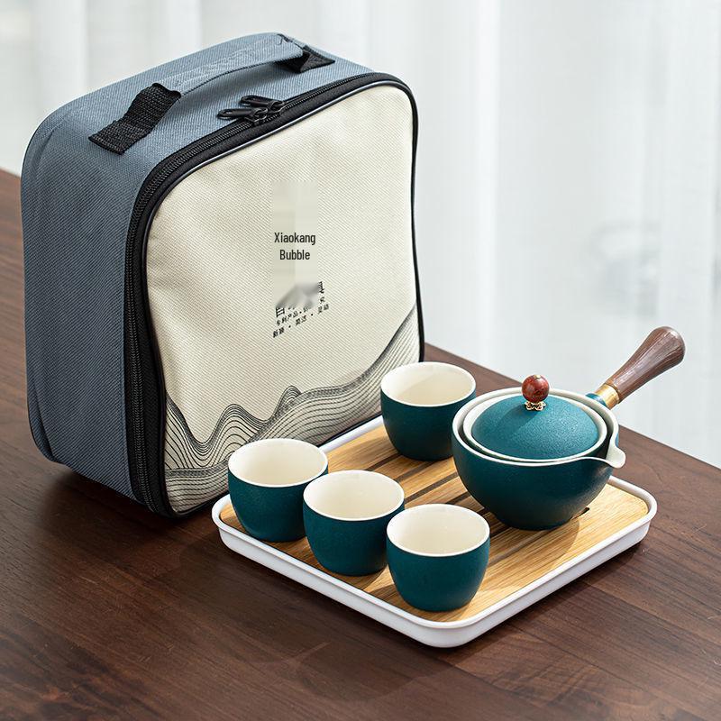 Compact Travel Tea Set with Automatic Rotating Teapot and Side Handle Kung Fu Cups