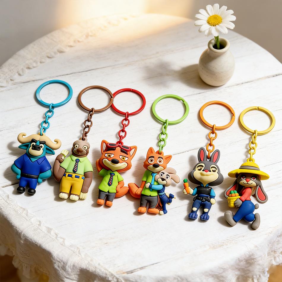 6PCS New Cute Zoo Keychain Cartoon Character Judy Nick Chief Bogo Keyring Hanging Couples Bag Decoration Festival Gift PVC Carry Mini Lightweight 2