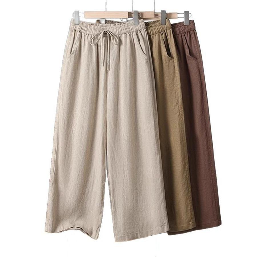 Cotton Linen Wide Leg Pants Women Spring Summer Bohemian High Waist Plus Size Linen Nine-Point Pants Drawstring Straight Leg Thin Casual Pants