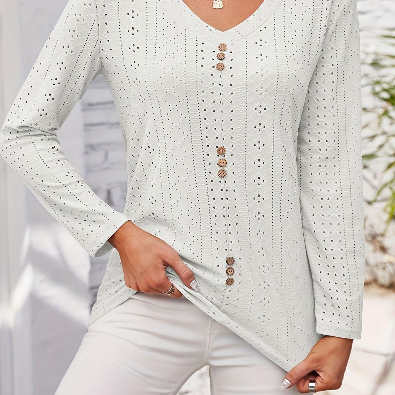Plus Size Women s Jacquard Knit Long Sleeve Button T-shirt 1XL белый