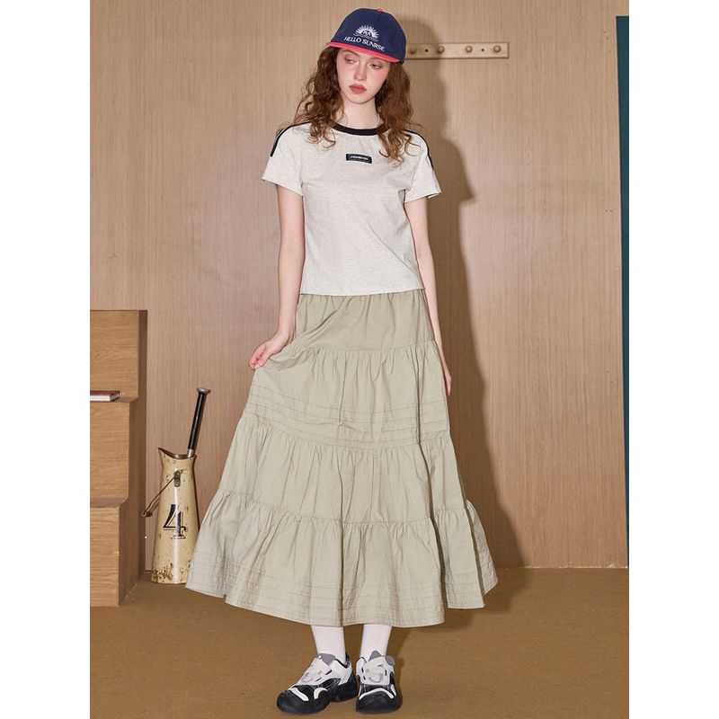 Coolhut Color-Blocked Loose Round-Neck Short-Sleeve Embroidered Casual College Pure Cotton 2025 Summer Women's T-Shirt Simple and Versatile