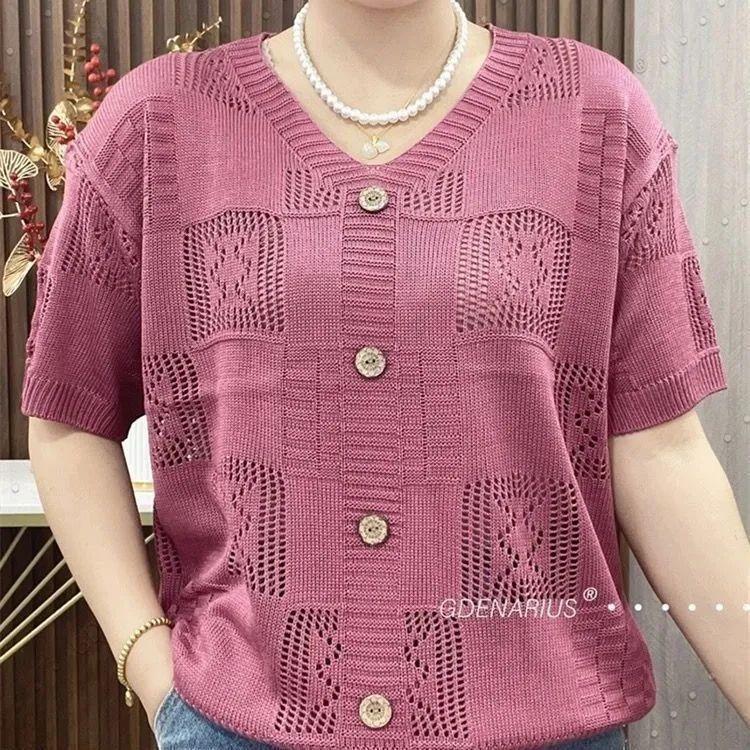 Slim Casual Base Knitted Short Sleeved Hollowed Out Shirt Solid Basic Tee Tops