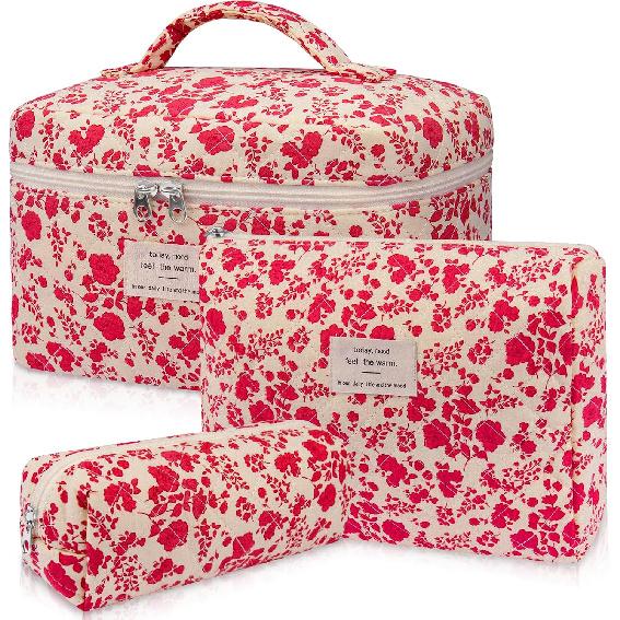 Gosect Makeup Bag, Large Quilted Cosmetic Bag, Big Floral Make Up Bag for Women Girls, Cute Cotton Makeup Bag Set, Flower Travel Toiletry Organizer