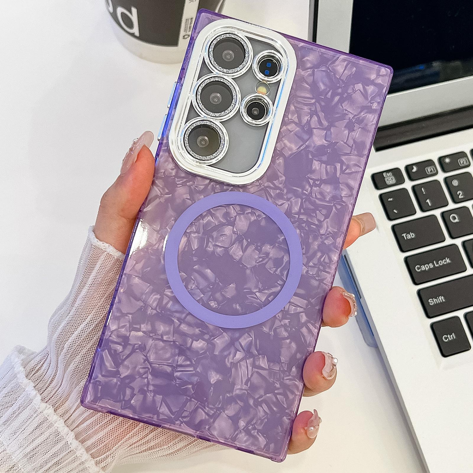 

Магнитный чехол для Samsung Galaxy S25 Ultra, дизайн IMD, PC+TPU, чехол для телефона с защитной пленкой для стеклянного объектива Shell Pattern/Purple