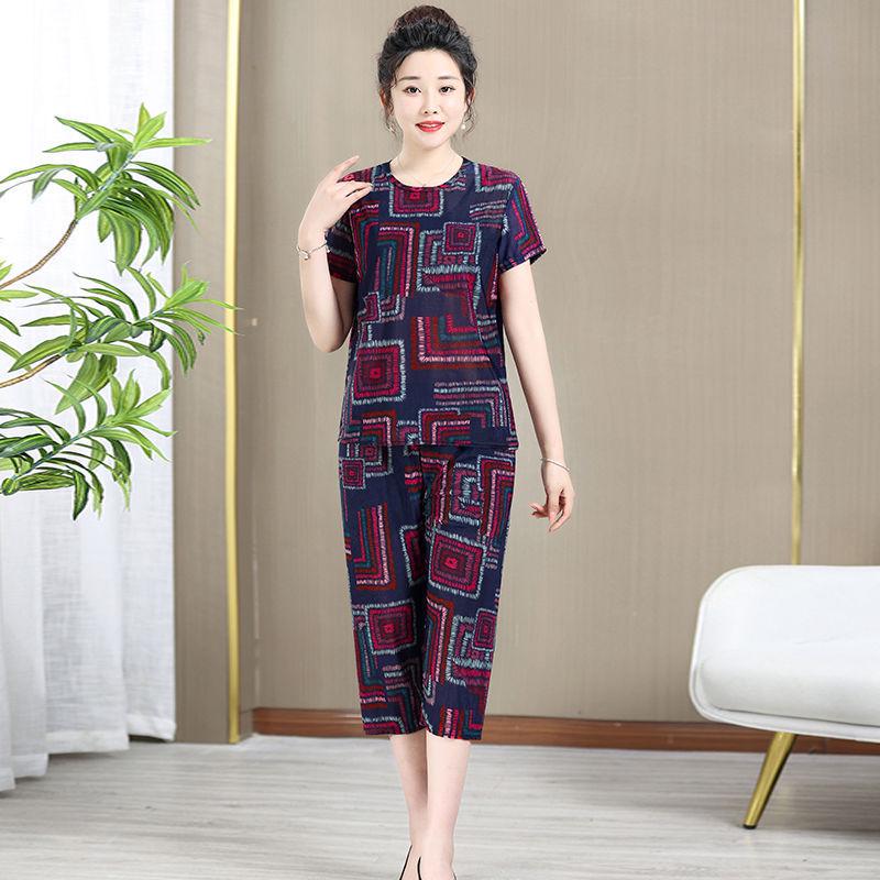 Ice Silk Summer Set for Middle-Aged & Elderly Women - Short-Sleeve Casual Homewear Pajamas