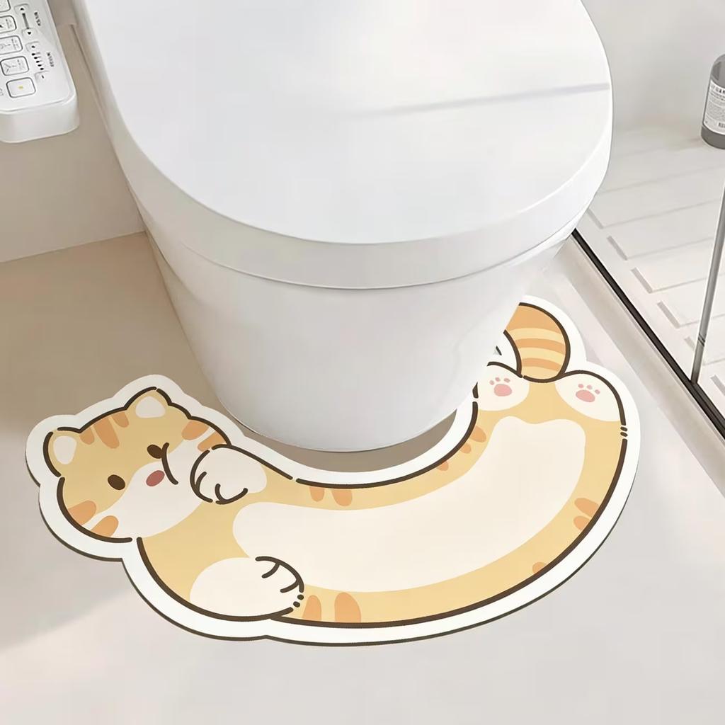 2D Flat Fun Cute Cartoon Cat U-Shaped Bathroom Floor Mat Toilet Anti-Slip Rug Diatom Mud Quick Dry Washable Water-Absorbing Floor Mat