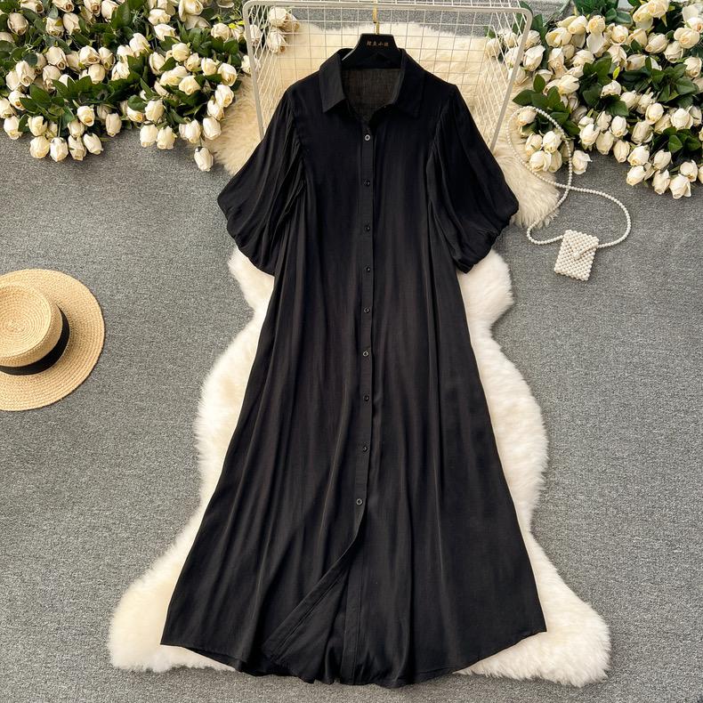 Einfarbiges, einreihiges Revers, langes Kleid mit halben Blasenärmeln für lockere Damenkleidung, Frühlings- und Sommerhemdkleid