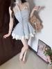 French neck bow suspender dress women's summer 2026 new slim and thin plaid high-waisted tutu skirt