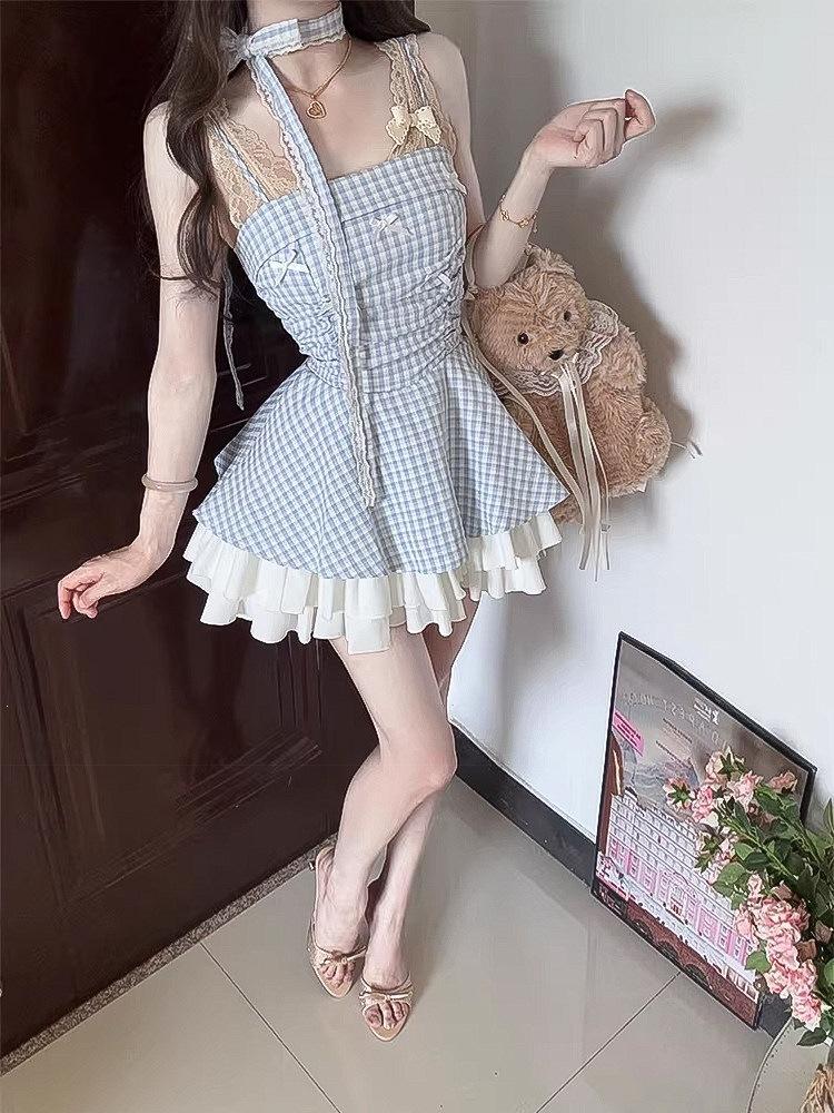 French neck bow suspender dress women's summer 2026 new slim and thin plaid high-waisted tutu skirt