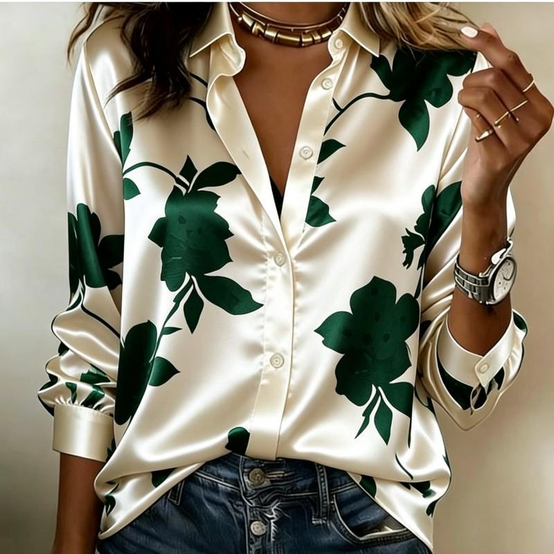 Women Satin Big Floral Print Shirt Long Sleeve Lapel Button‑Down Blouse Elegant Office Party Casual Ladies Multi‑Color Top