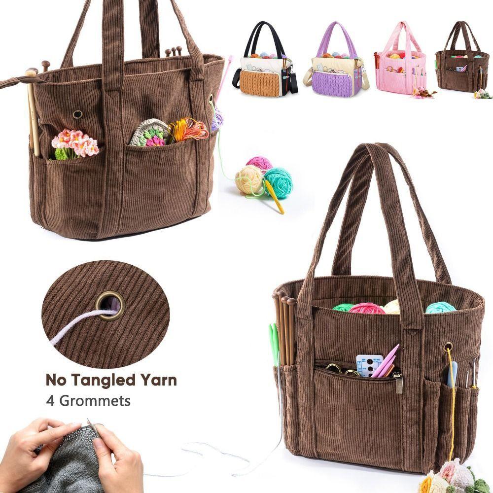 Large Capacity Crochet Yarn Storage Bag Multiple Pockets Corduroy Material Yarn Bag Organizer Washable Craft Storage