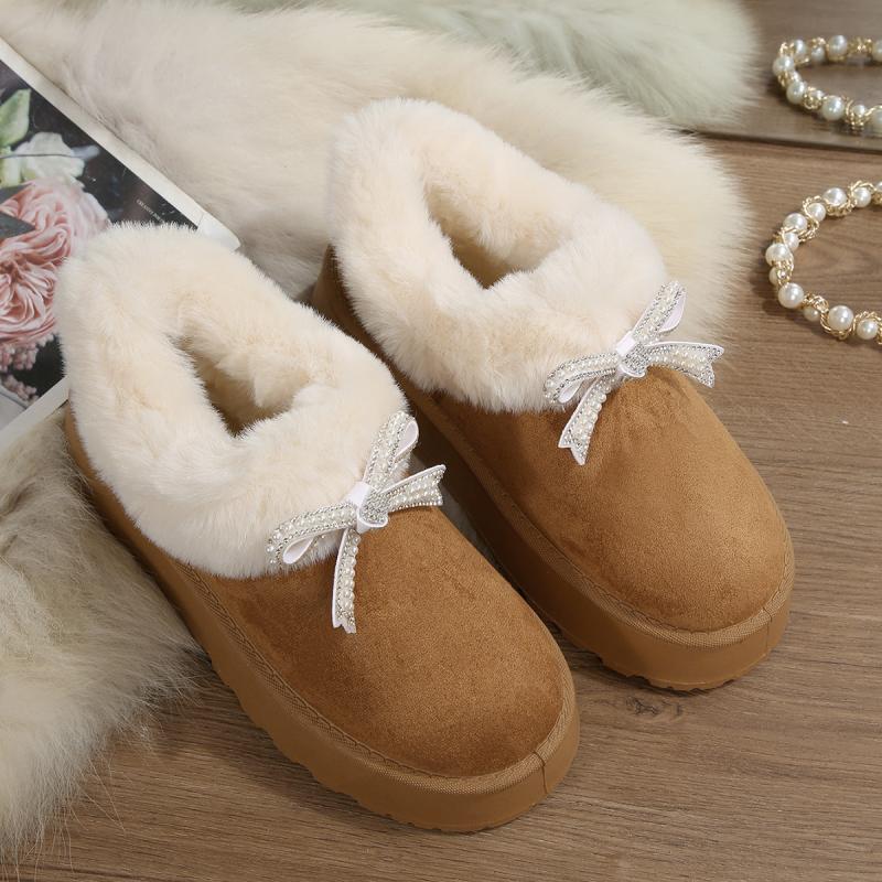 Thick Bottom Fluffy Fur Snow Boots Women 2025 Winter Warm Plush Ankle Boots with Platform Sweet Bowknot New Furry Non Slip Shoes