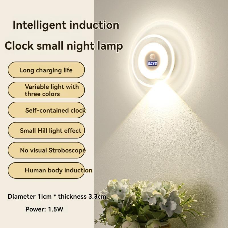 LED Intelligent Remote Control Clock Body Sensor Wall Lamp Bedroom Bedside Atmosphere Night Light