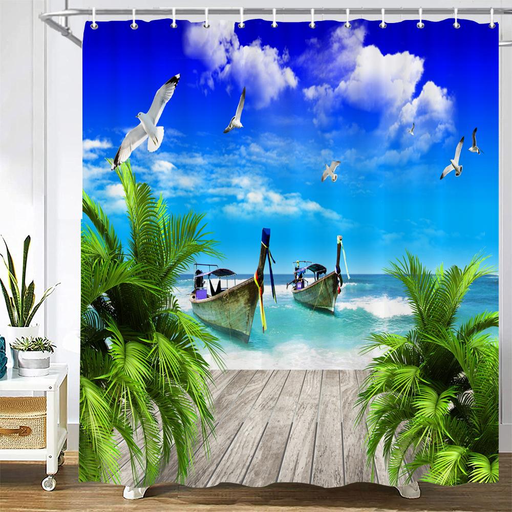 

1 Pcs Shower Curtain Various Seaside Sunny Beach Scenery Bathroom Curtain Polyester Fabric Waterproof Home Decoration Curtain W60H190(CM)-1 Pcs