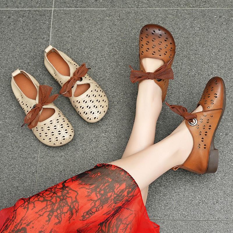 

Johnature Ethnic Style Soft Cowhide Hollow Low Heel Sandals Retro Breathable Round Toe Women s Shoes 41 бежевий