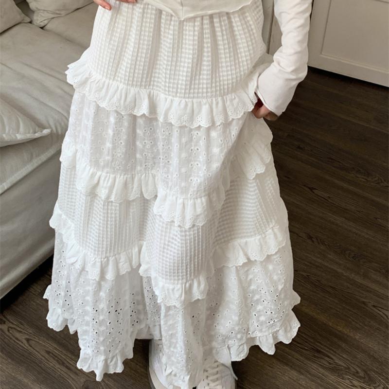 Vysoce kvalitní bílé roztomilé sukně pro ženy letní s vysokým pasem áčková sukně dlouhá sukně háčkovaný květ