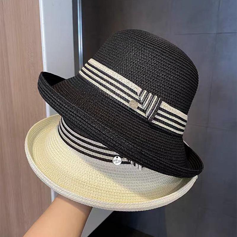 Gekräuselter Fischerhut Damen Britischer Stil Retro Eleganter Strohhut Frühling und Sommer Sonnenschutz Sonnenschutzhut Französische Zylinderhüte