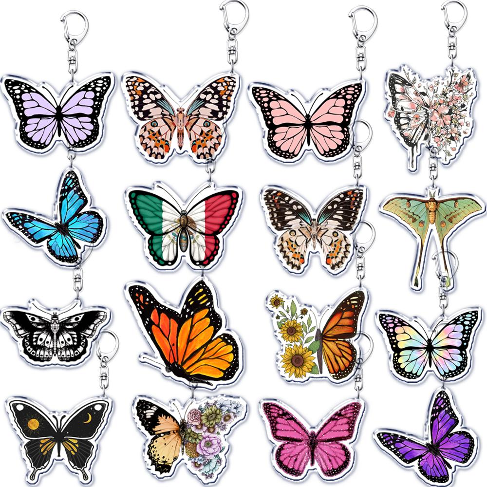 Beautiful Lavender Flower Monarch Butterfly Keychains Ring for Accessories Bag Butterflies Pendant Key Chain Jewelry Fans Gifts