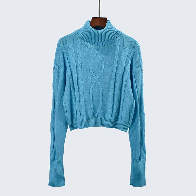 Autumn and Winter Turtleneck Short Long Sleeve Solid Knit Sweater Twist Pullover Top High Waist Bottoming Women Clothes