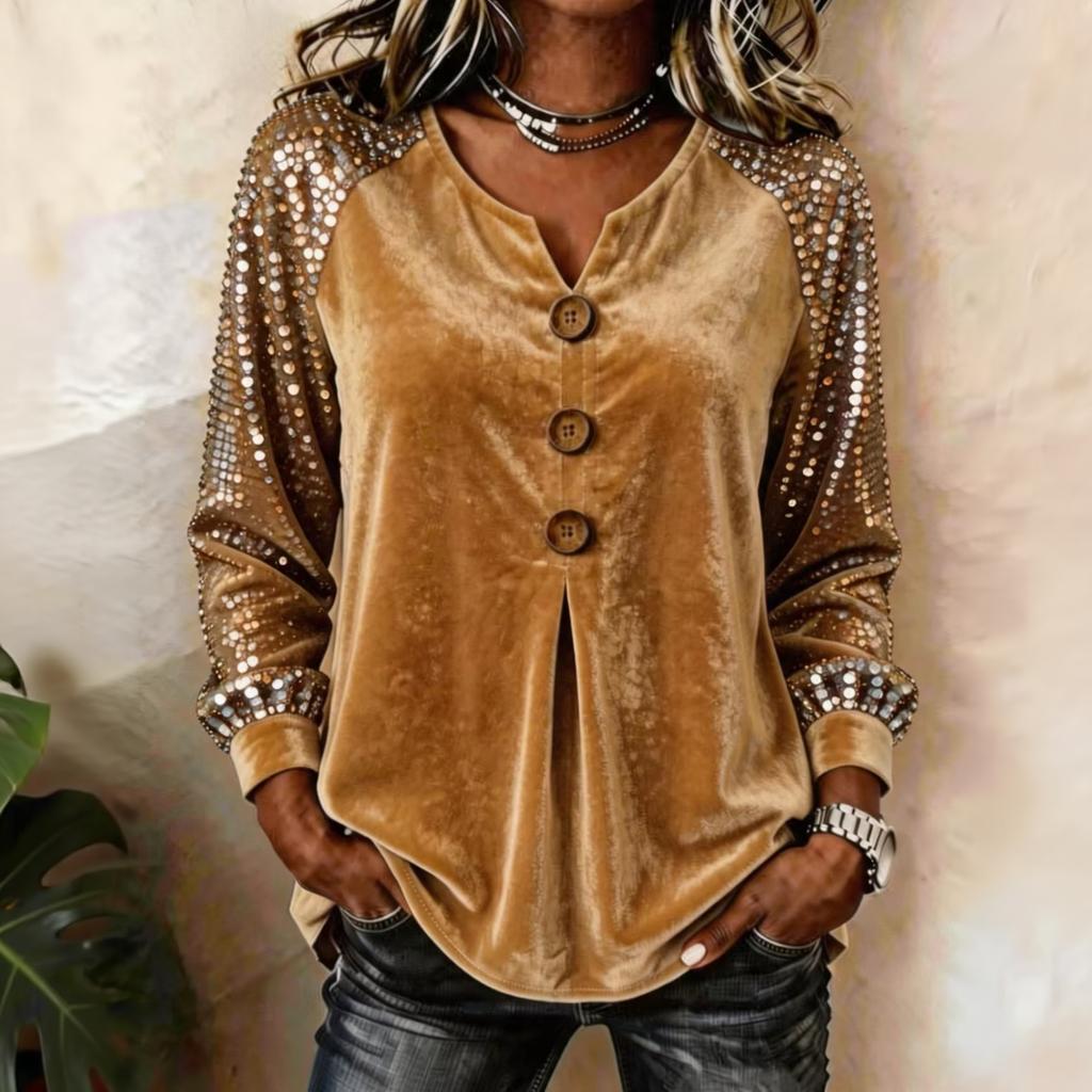 Women's V-Neck Long Sleeve Blouse with Sequins and Button Front for Casual Wear