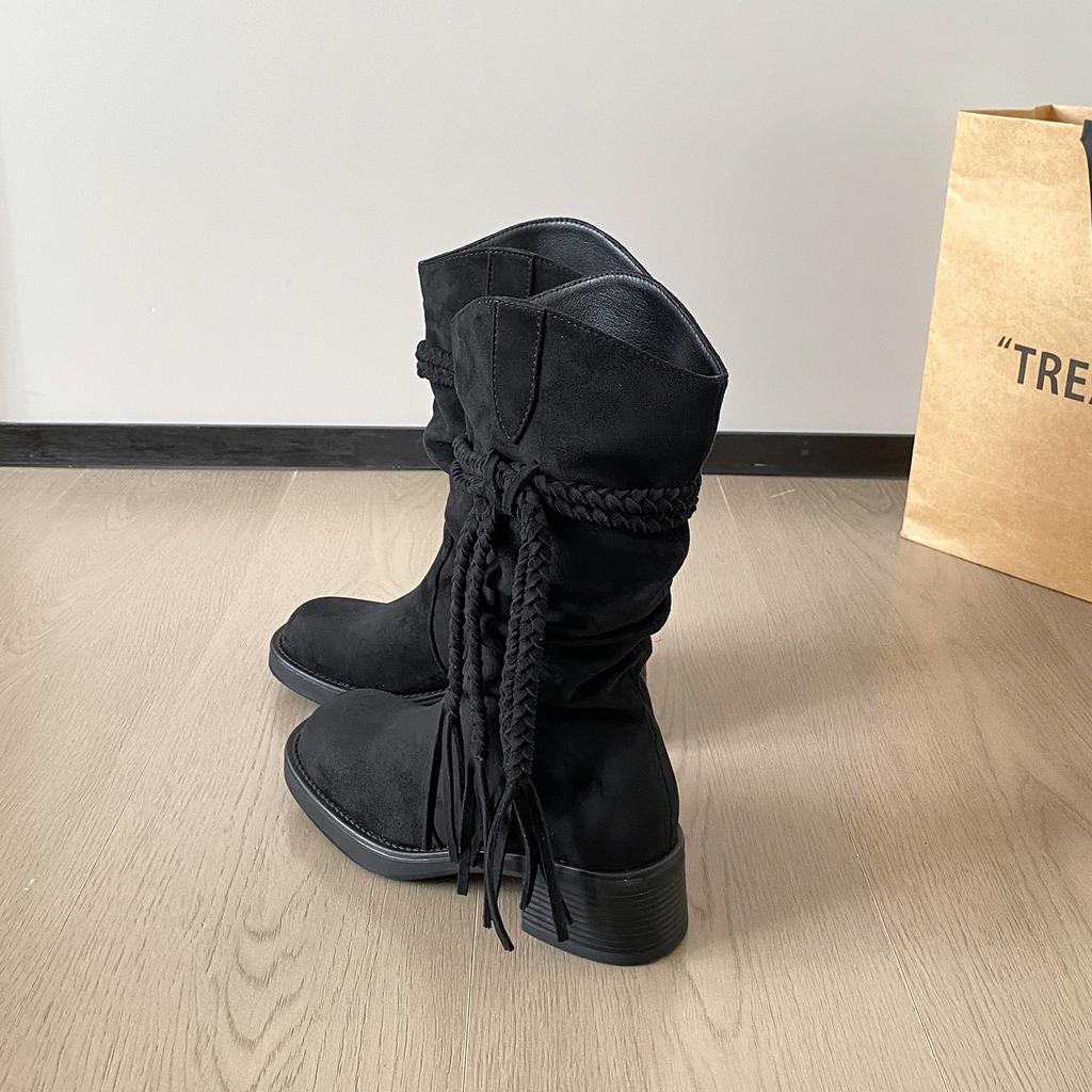 Tassel Hemp Rope Thick Heel Medium Boots Suede Platform Fashion Boots Women's 2025 Autumn New Retro Style Knight Boots