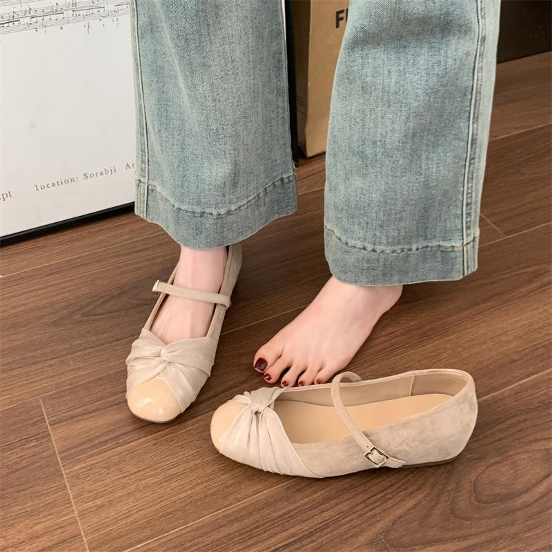 Fashion Elegant Nude Low Heel Ballet Shoes Women 2025 Autumn Sweet Pleated Bowknot Mary Jane Shoes Comfort Soft Sole Round Toe Pumps