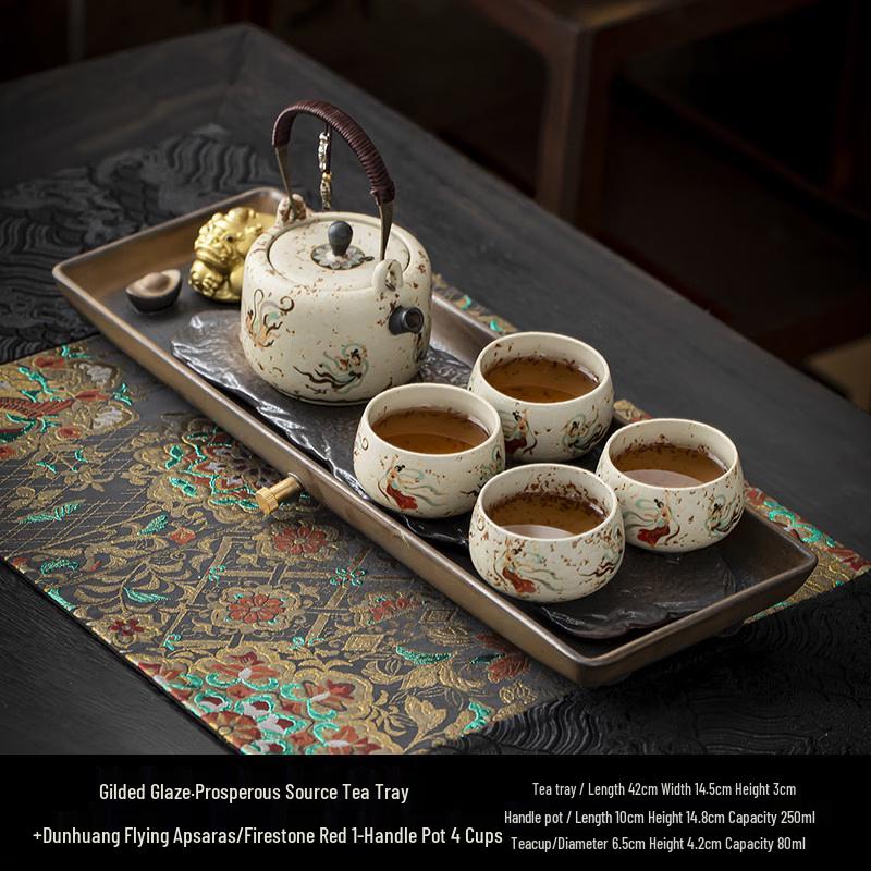 Flint Red Teapot & 4-Cup Tea Set with Gilded Glaze Tray