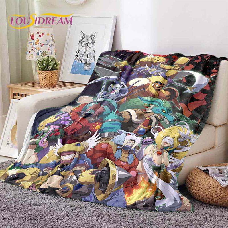 Retro Digimon Adventure Potwór Kreskówka Miękki Koc Flanelowy, Koc do Rzucania Wygodny Koc na Piknik Łóżka Kanapę Domowy Sypialnia