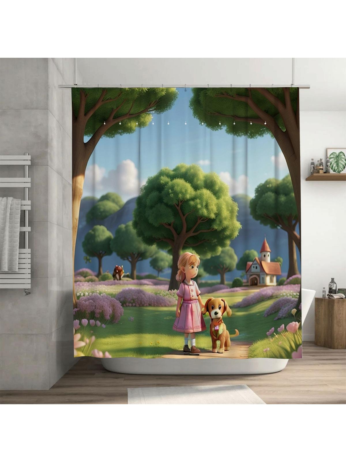 

Girl and Dog in Garden Shower Curtain | Charming Kids Bathroom Decor 90X180cm