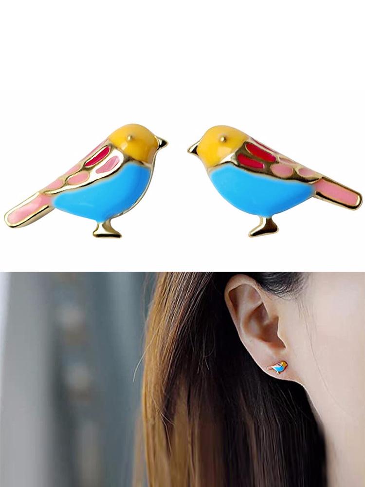 Huitan Kreatives Design Rosa Blumen Emaille Ohrringe für Damen Silberfarbe Luxus Kristall CZ Grünes Blatt Ohrringe Mode