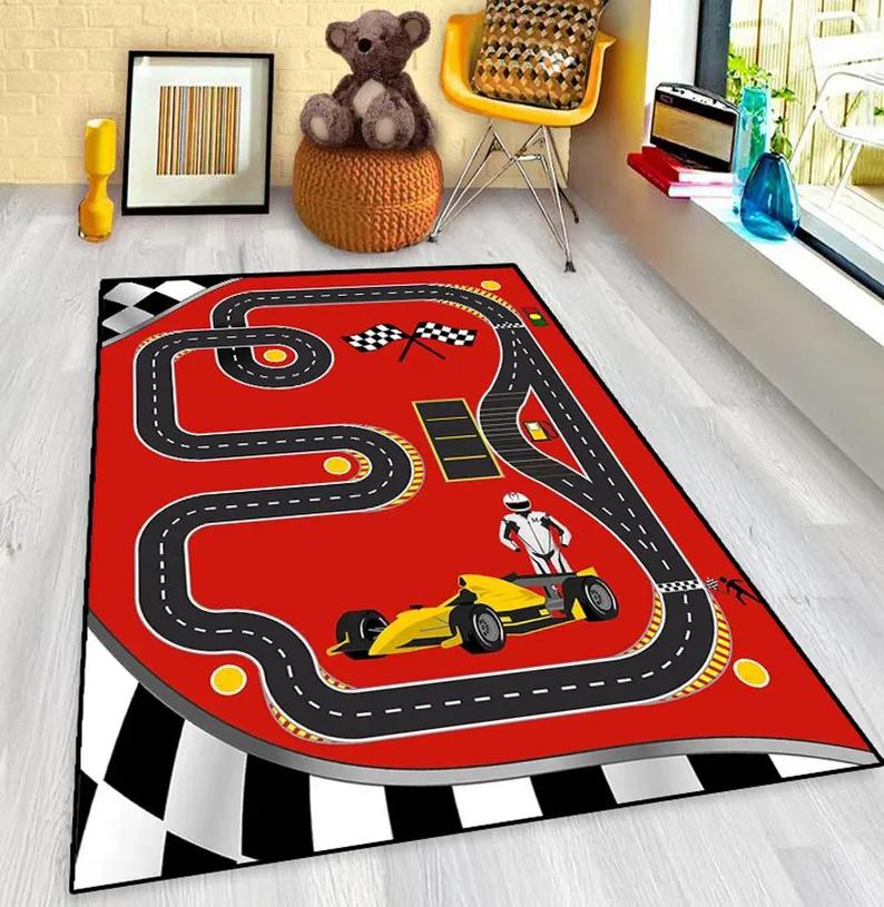 Dziecięcy Dywan Mata Dywanik Tor Wyścigowy - Wzór 3D z Zakrętami z Samochodem Wyścigowym i Szachownicą Dekoracja Domu Mata Podłogowa Dywaniki do Sypialni