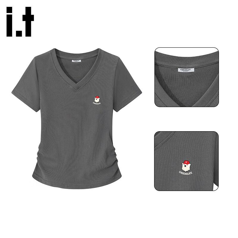 CHOCOOLATEit Women s Pleated V-Neck Short Sleeve T-Shirt S серый