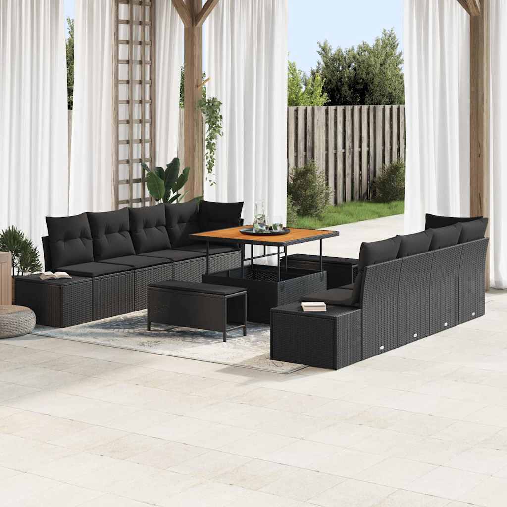 Garden Sofa Set with Cushions 11 pcs Black Poly Rattan