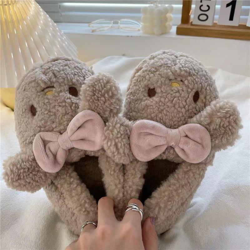 Baumwoll-Schuhbeutel mit Baumwoll-Hausschuhen, süße Wohnkultur für Mädchen im Herbst und Winter, Ins-Stil, haarige Schuhe, Schleife, Hund, Schlafsaal