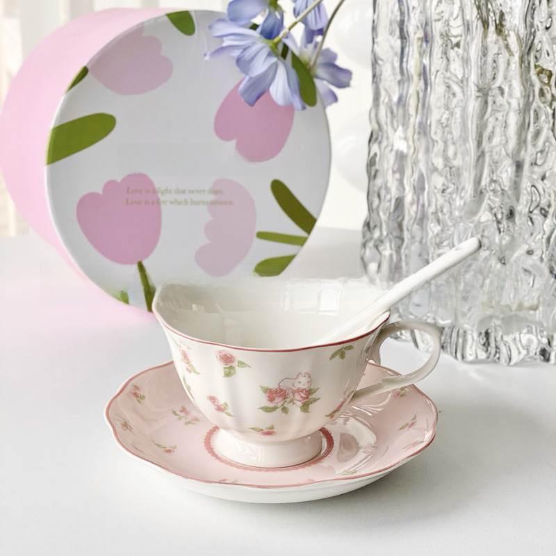 Pink Rabbit Cerc Coffee Cup And Plate Set ternoon Tea Cute Girl Heart Vintage Korean Sle Breakfast Dining Utensils Set