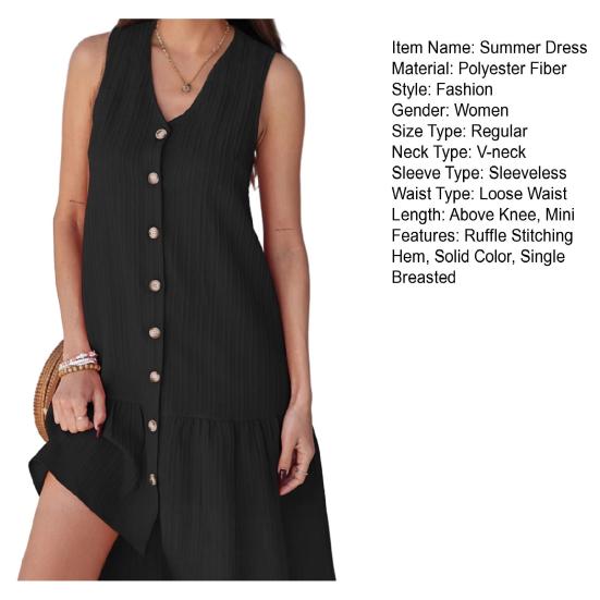 Summer Dress V-Neck Sleeveless Single-Breasted Solid Color Mini Dress Solid Color Loose