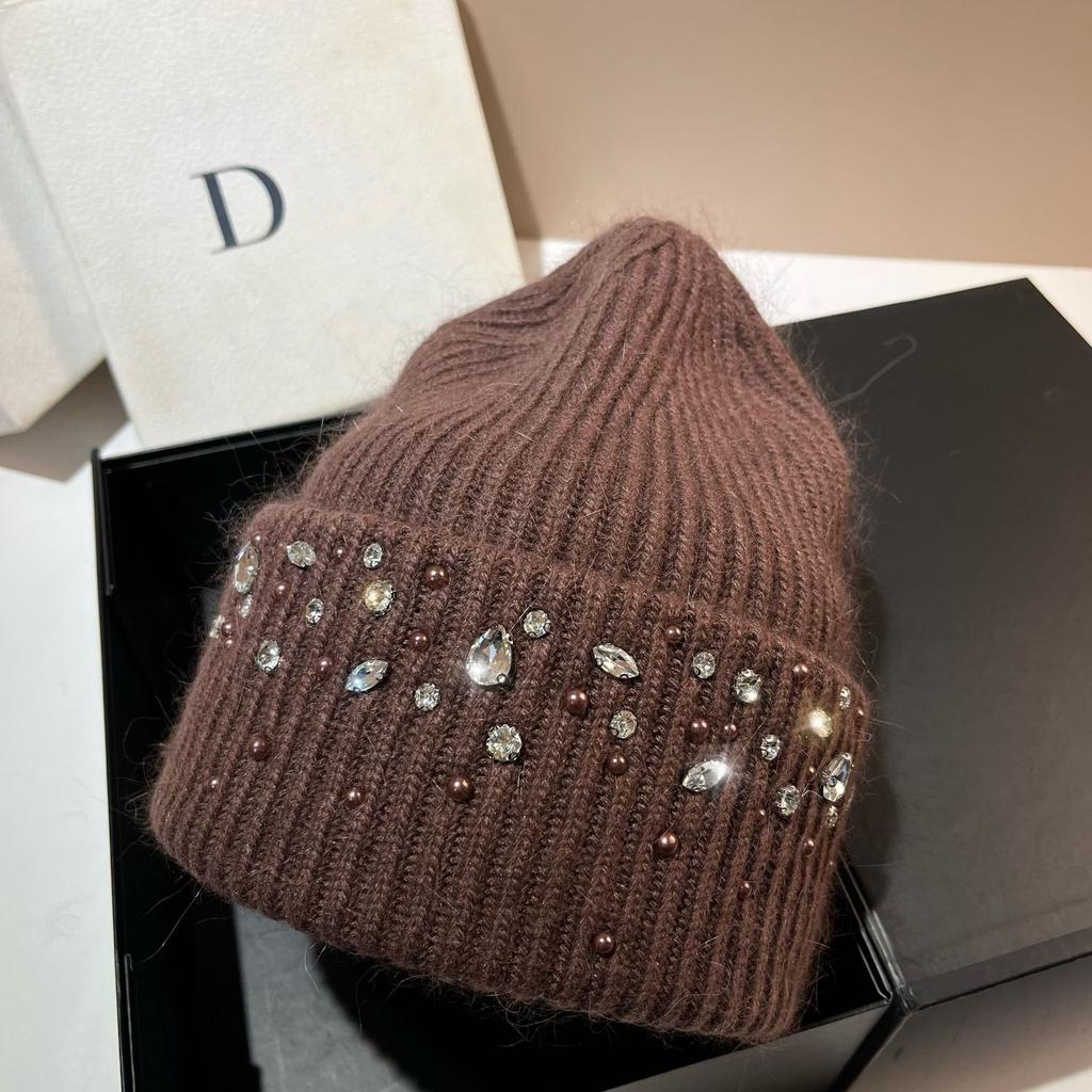 Real Rabbit Fur Diamonds Luxury Hats For Women Winter Warm Knitted Hat Ear Pretection Outdoor Skullies Beanies Skiing Cap
