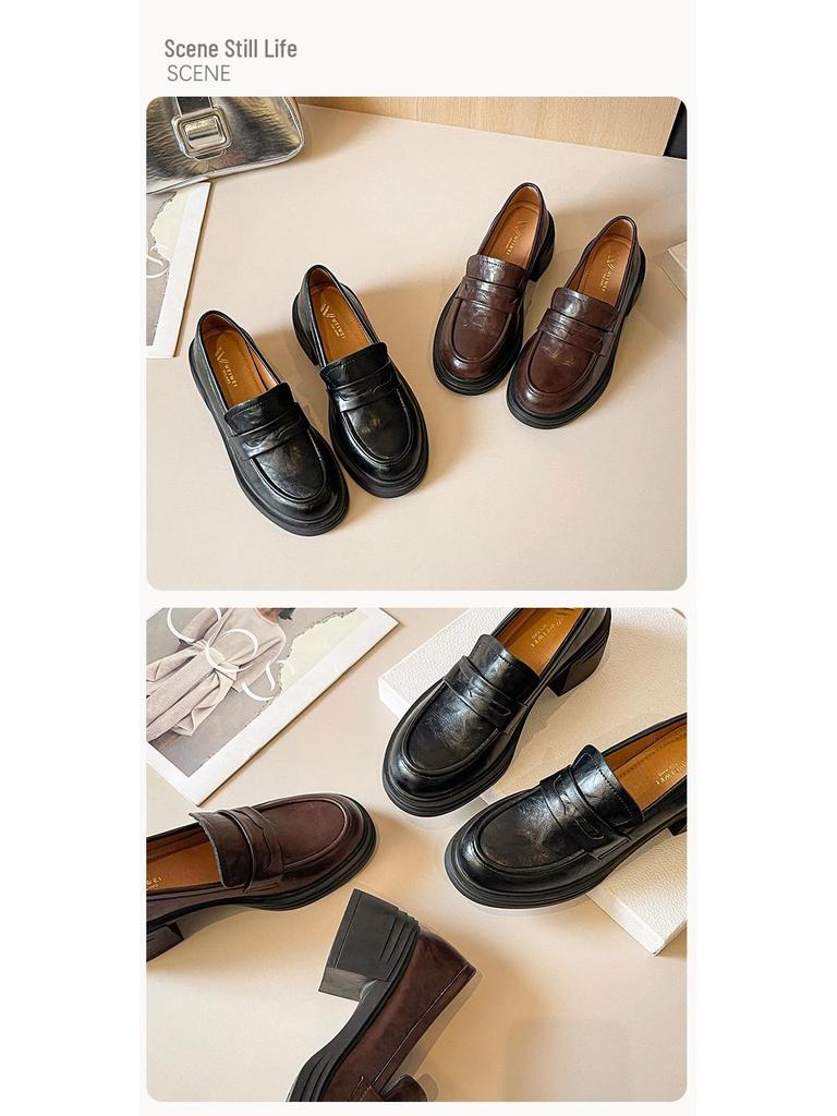 Weiwei Girl Vintage Slip-On Loafers: Chunky Heel, Thick-Soled, British-Style Women's Leather Shoes.