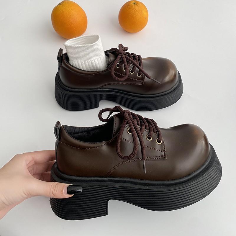 

Retro British style brown platform loafer small leather shoes women s autumn and winter new French thick heel shoes 35 коричневий