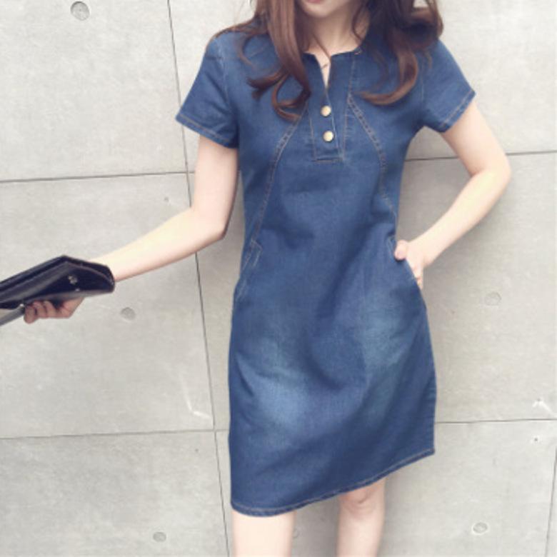 2023 Plus Size Women's Medium-Length Slimming Denim Dress - Short-Sleeve Fashion Trend for Spring/Summer